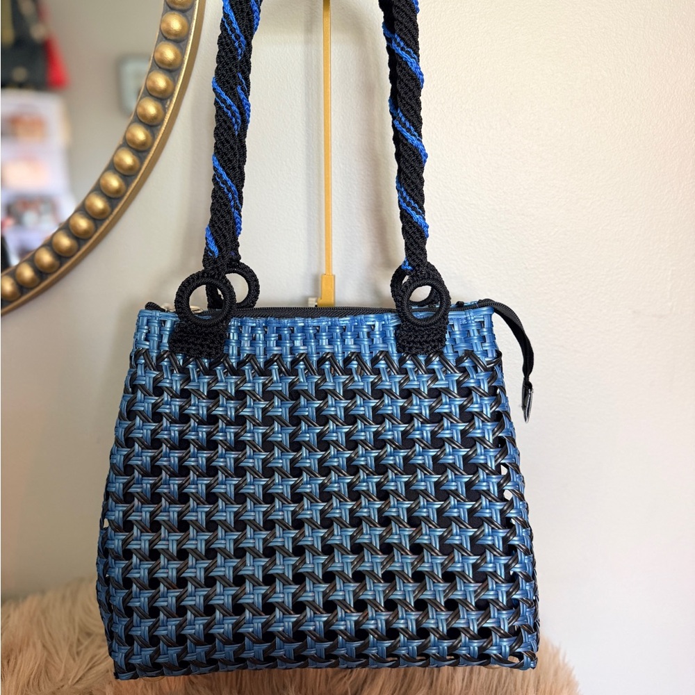 Stylish Blue and Black Woven Handbag